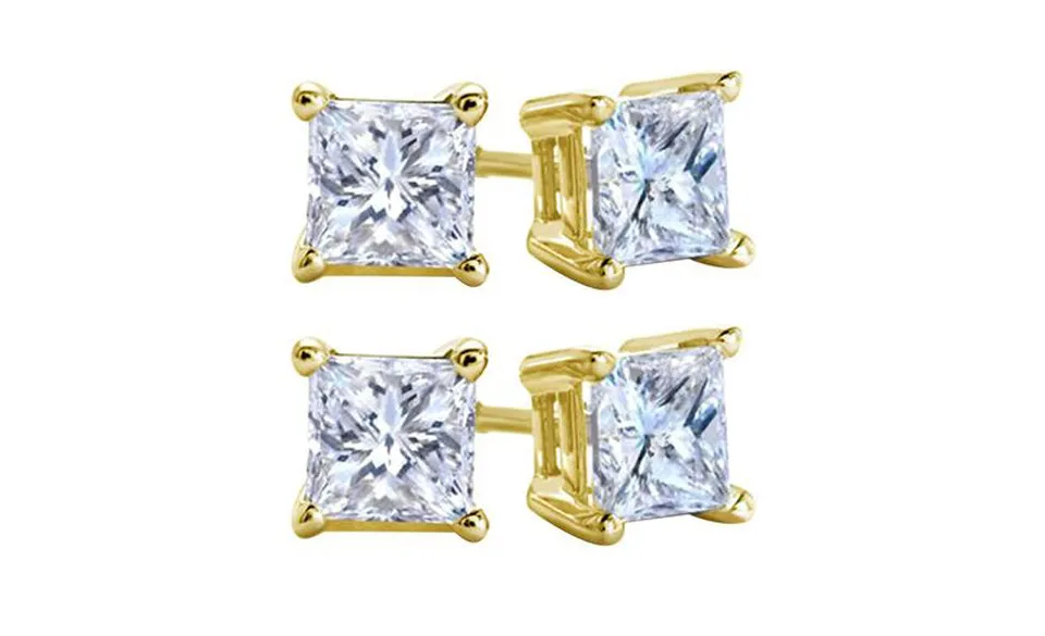 18k Yellow Gold Plated Created White Sapphire 3 Carat Square Cut Pack of Two Stud Earrings