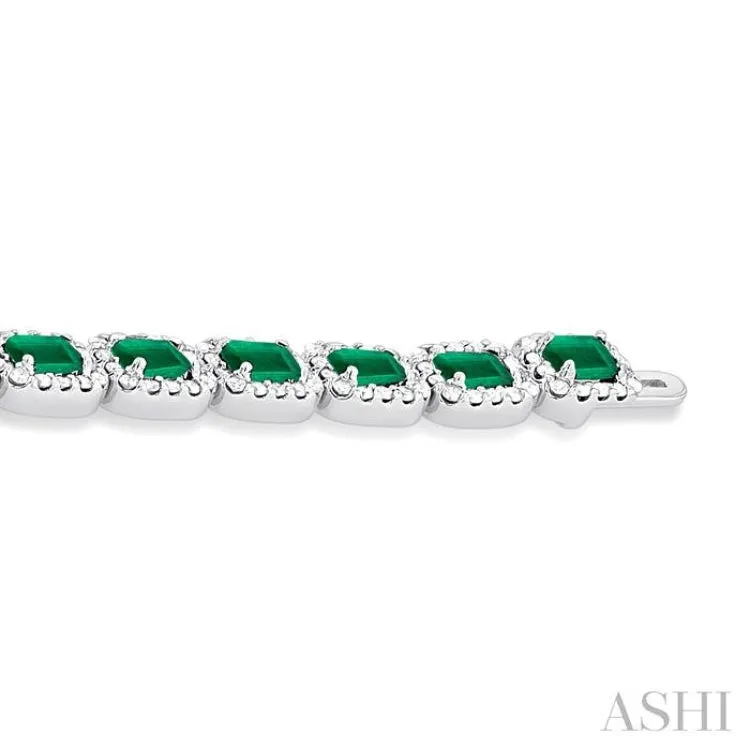 2 1/5 ctw 4X3 MM Emerald and Round Cut Diamond Halo Precious Tennis Bracelet in 14K White Gold