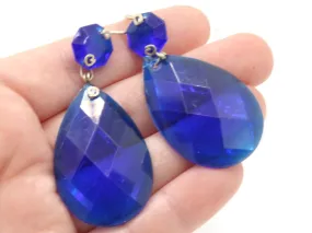 2 64mm Clear Blue Vintage Plastic Drop Teardrop Pendant - Chandelier Dangle