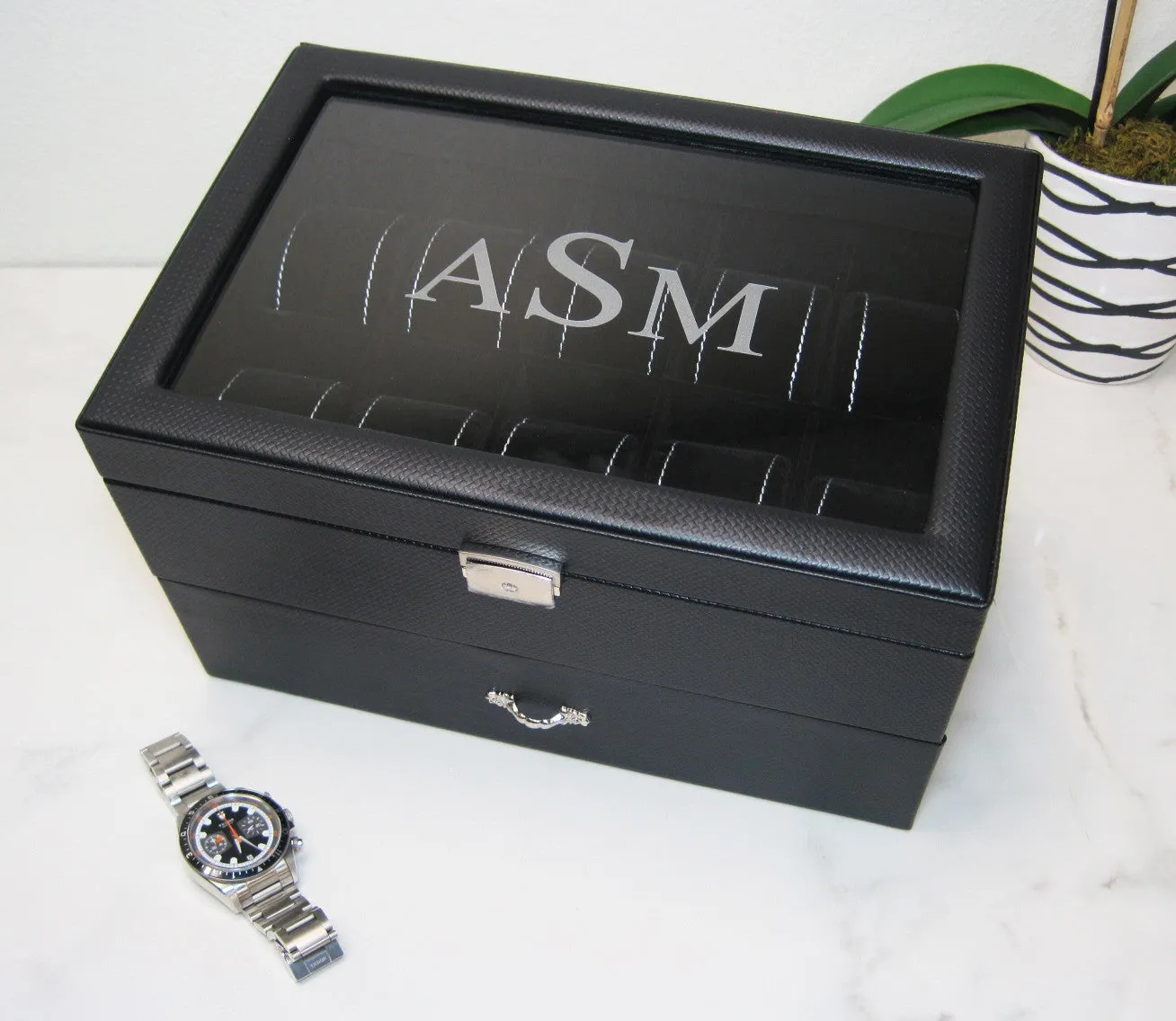 (20) Carbon Fiber Pattern Leather Watch Box with Glass Top