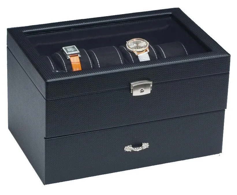 (20) Carbon Fiber Pattern Leather Watch Box with Glass Top