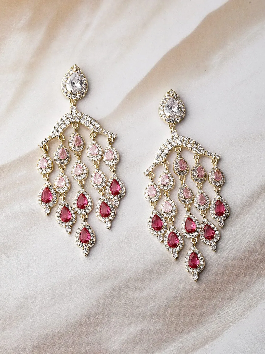 24K Gold Plated Ruby Light Pink & Dark Pink AD CZ Studded Premium Chandelier Earring