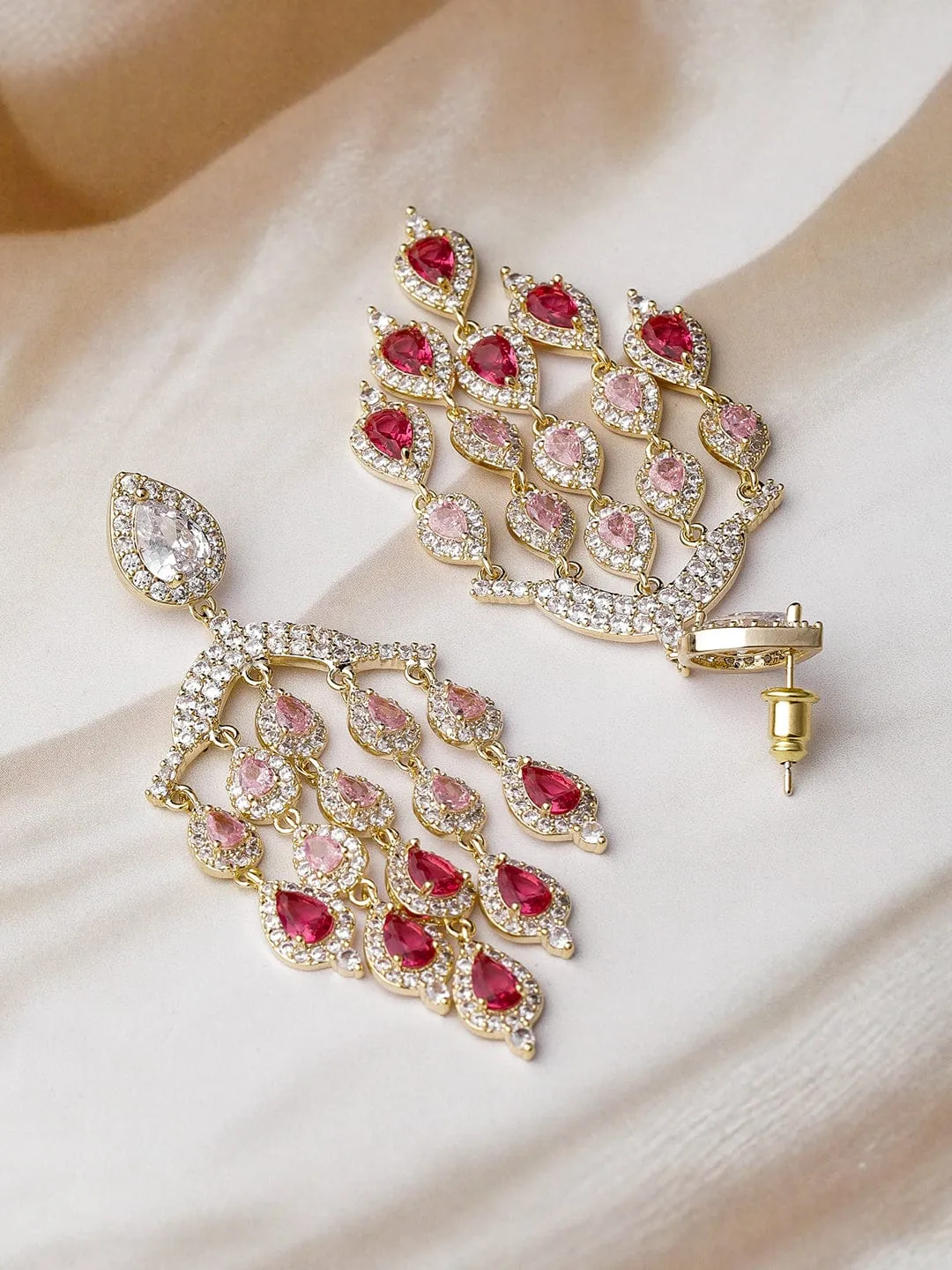 24K Gold Plated Ruby Light Pink & Dark Pink AD CZ Studded Premium Chandelier Earring