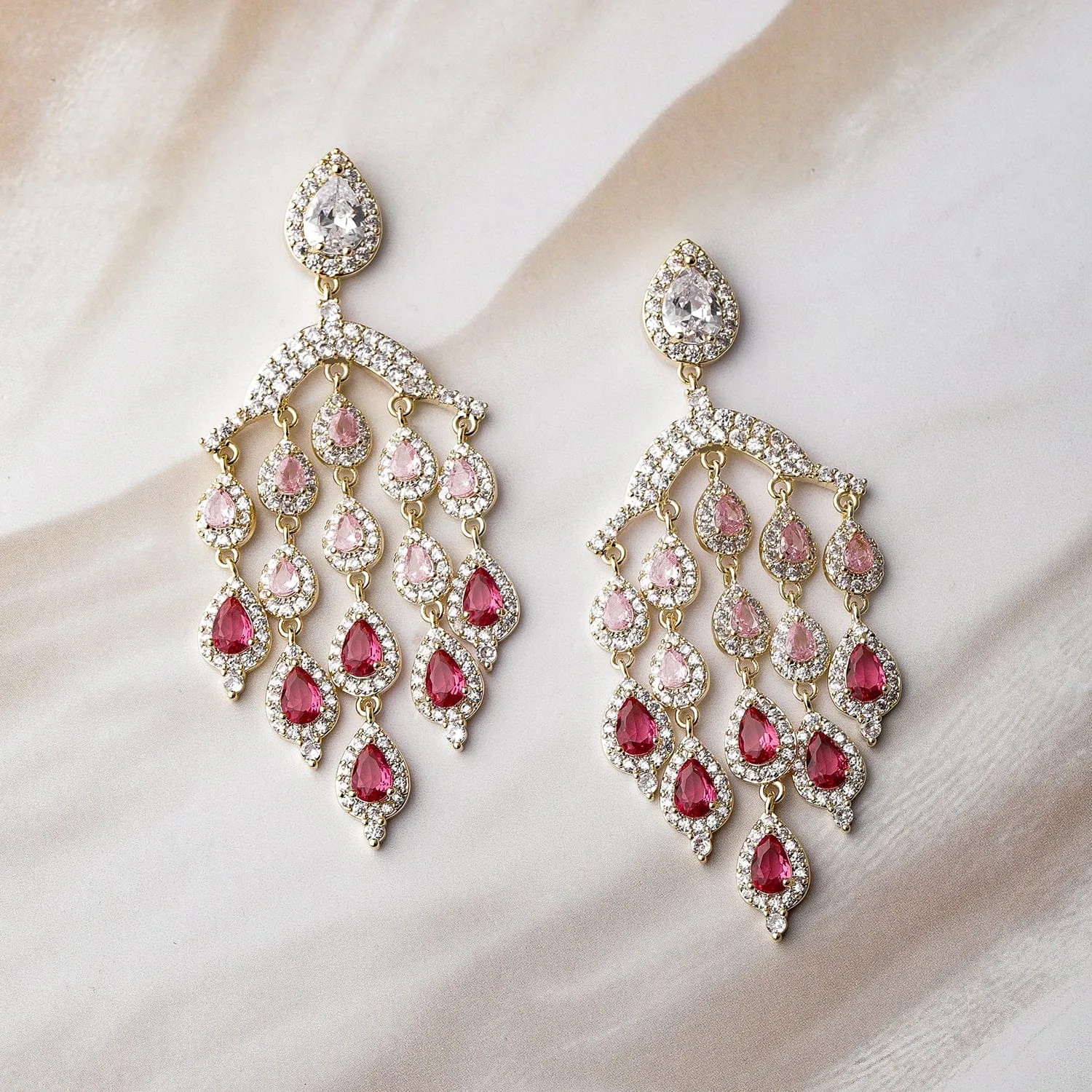 24K Gold Plated Ruby Light Pink & Dark Pink AD CZ Studded Premium Chandelier Earring