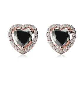 24k Rose Gold Plated 2 Ct Created Halo Heart Black Sapphire Stud Earrings