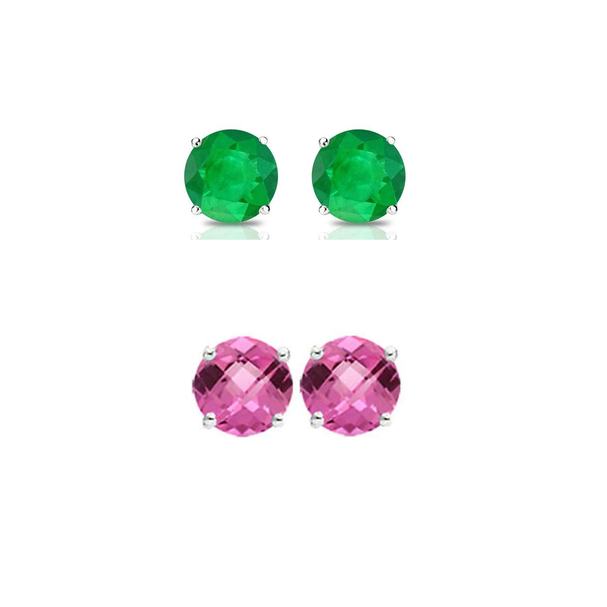 24k White Gold Plated 3Ct Created Emerald and Pink sapphire 2 Pair Round Stud Earrings