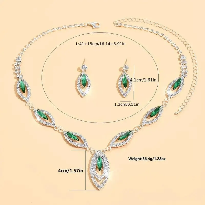 3pcs SILVER Emerald Green Jewelry Set l Rhinestone Earrings l Necklace l Bracelet l Prom l Wedding JS-932