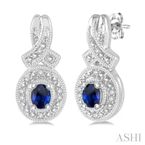 4x3 mm Oval Cut Sapphire and 1/20 ctw Single Cut Diamond Earrings in Sterling Silver