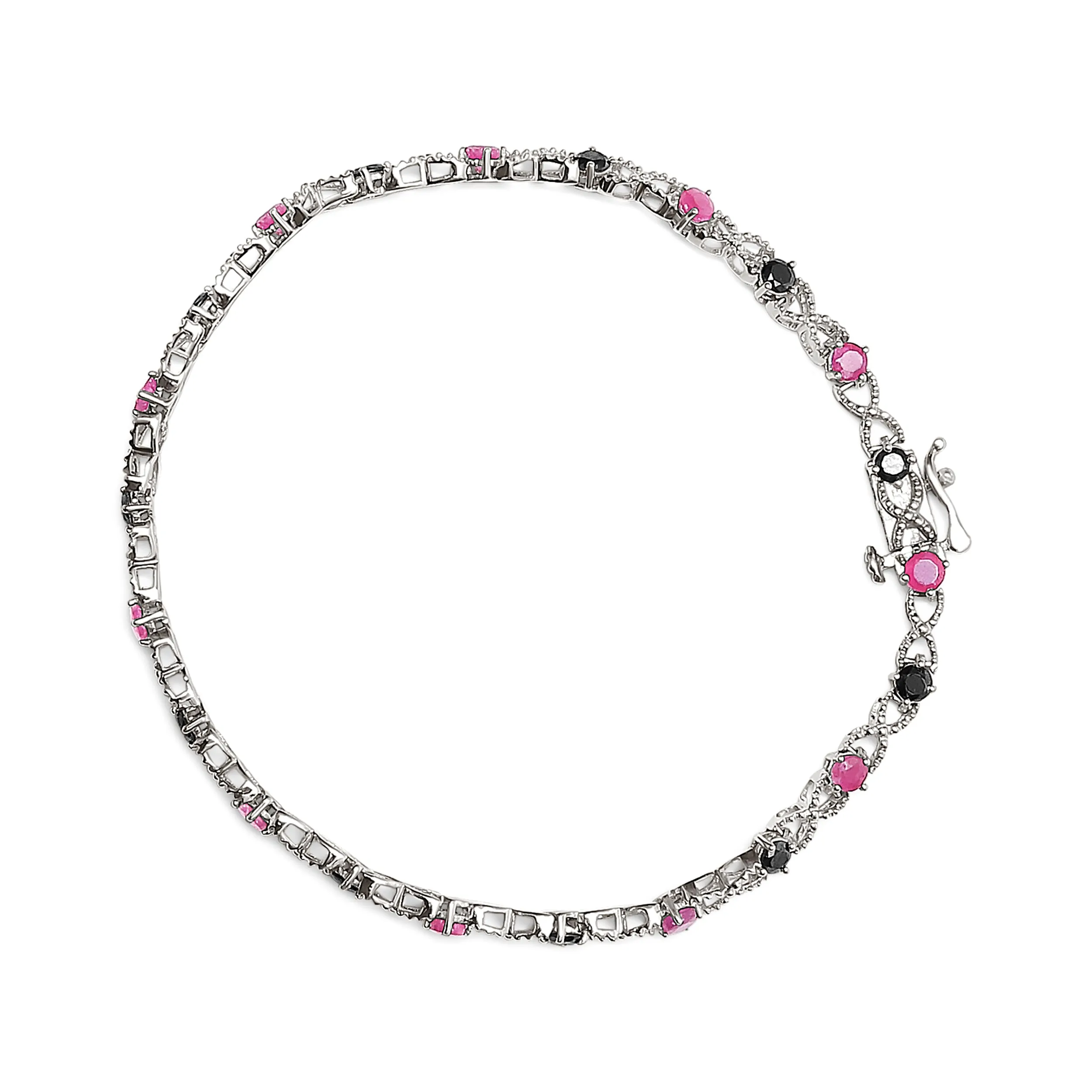 .925 Sterling Silver 1.00 Cttw Treated Black Diamond with 3.00mm Lab Created Pink Ruby 7.25" X-Link Bracelet