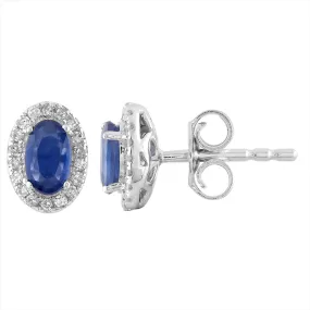 9ct White Gold 0.10Ct HI/I1 Diamond & Sapphire Oval Halo Stud Earrings