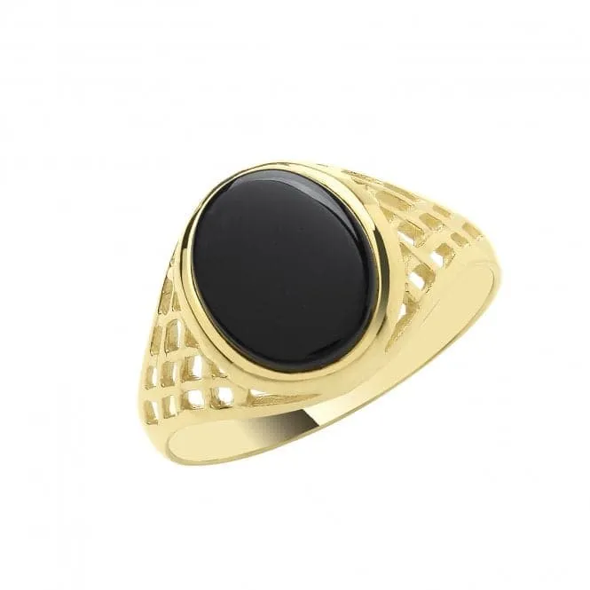 9ct Yellow Gold Mens Oval Black Onyx Bkst Sides Signet Ring RN603