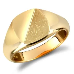 9ct Yellow Gold Square Shaped Half Plain & Half Engraved Signet Ring 9.0g