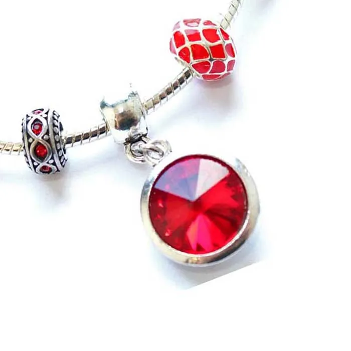 Adult's 'July Birthstone' Ruby Colored Crystal Silver Plated Charm Bead Bracelet