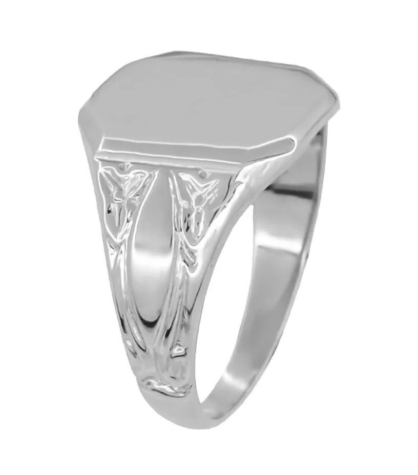 Antique Style Chased Victorian Rectangular Signet Ring in 14 Karat White Gold