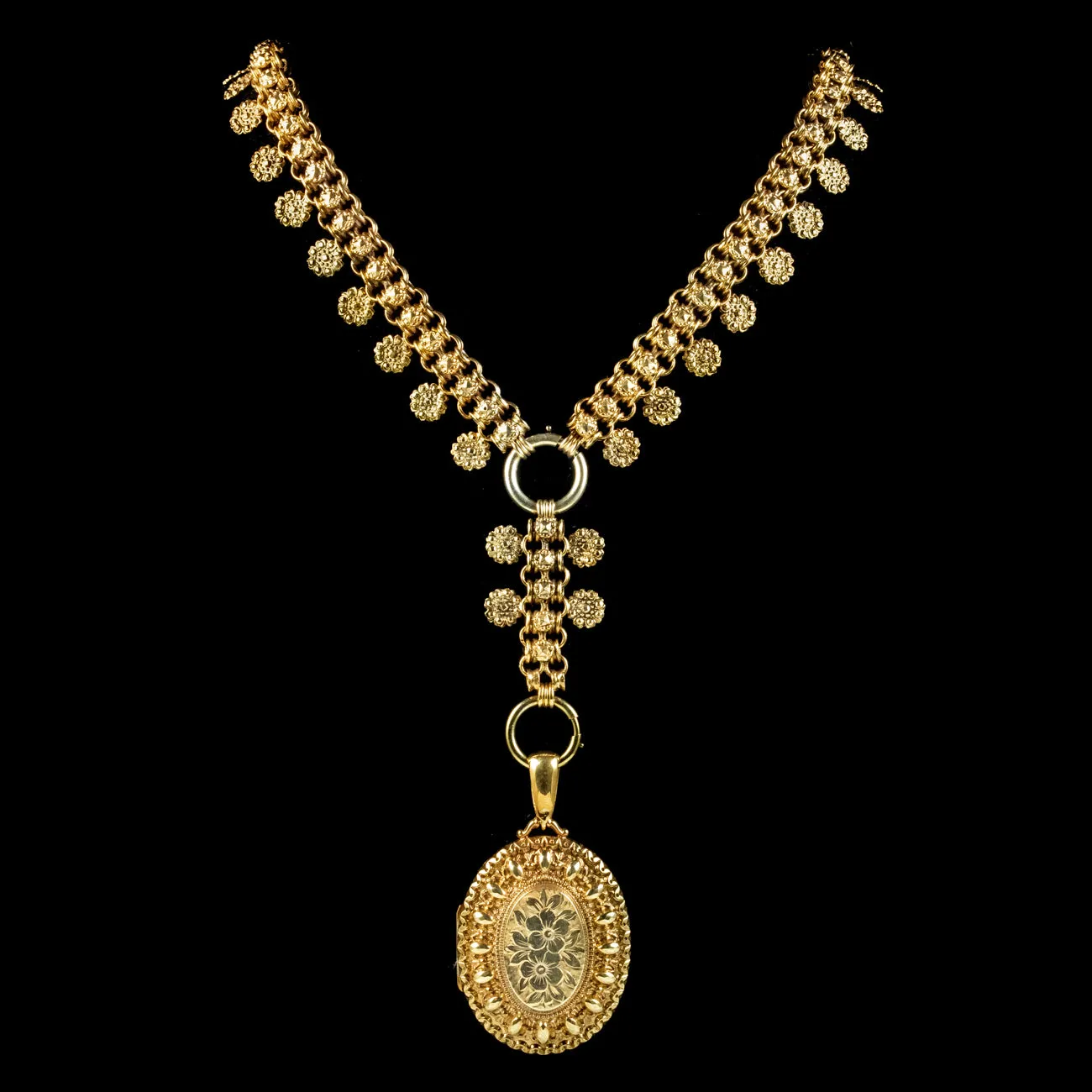 Antique Victorian Floral Locket And Collar Necklace Silver 18ct Gold Gilt