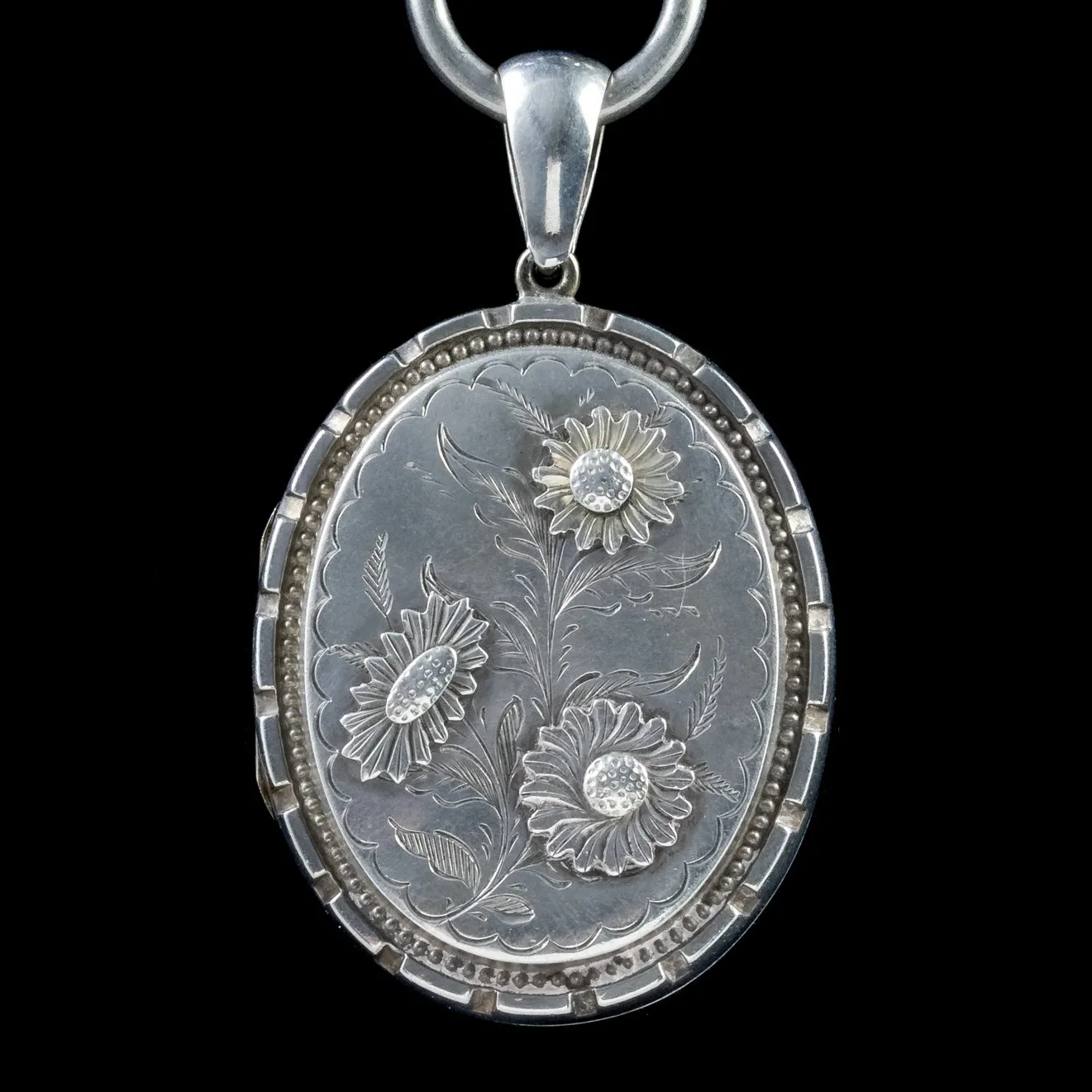 Antique Victorian Floral Silver Locket Collar Necklace Circa 1880