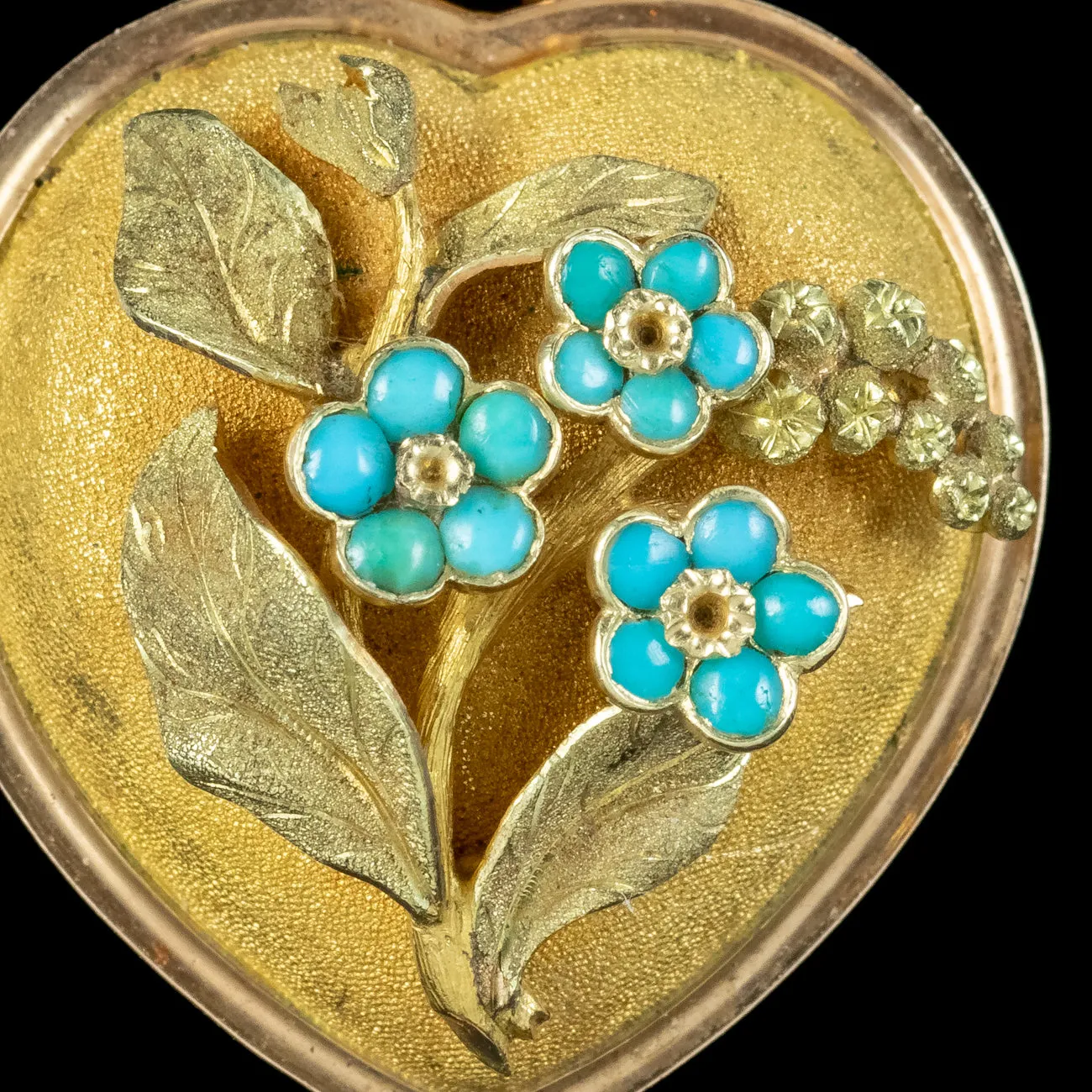 Antique Victorian Mourning Heart Locket Turquoise Forget Me Nots 18ct Gold