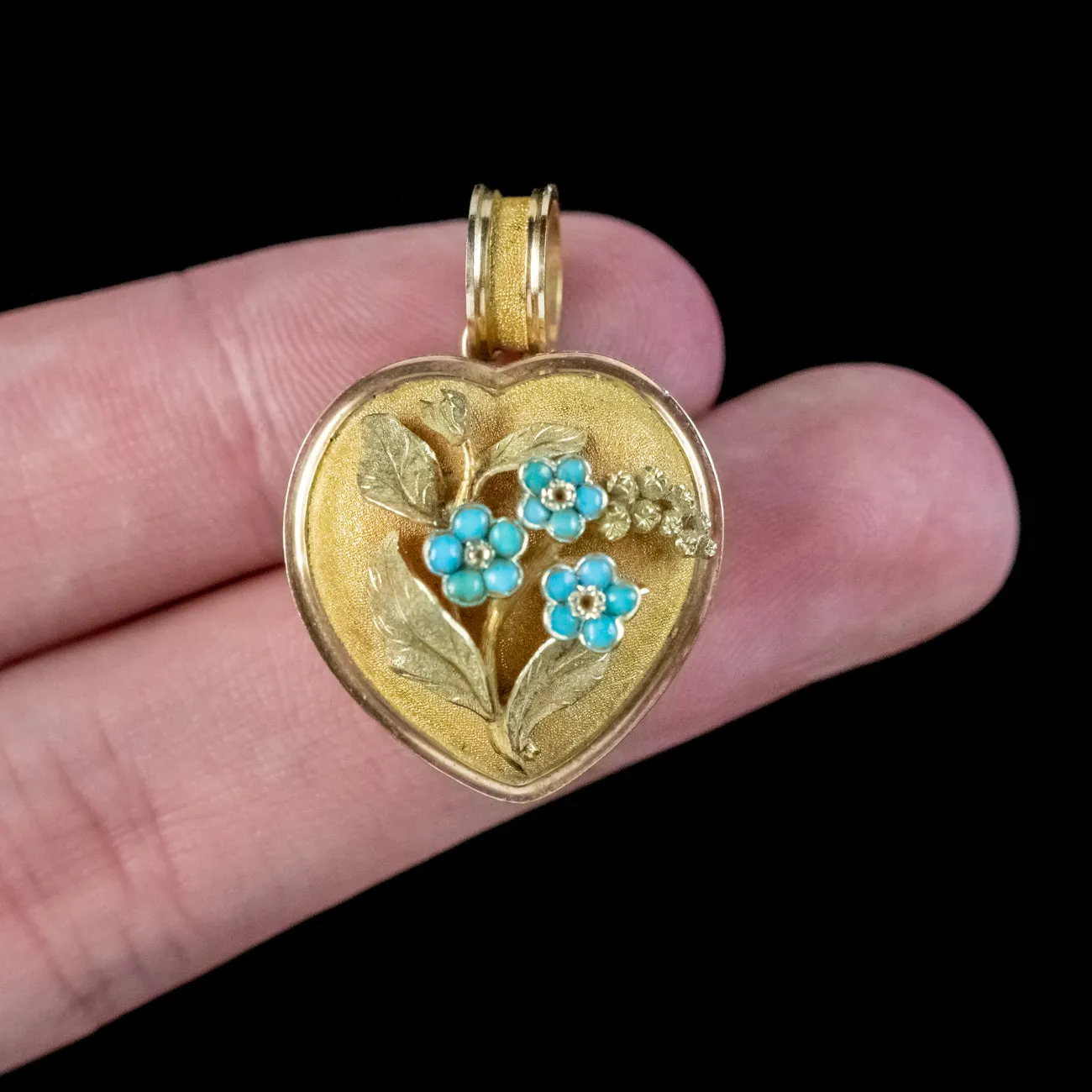 Antique Victorian Mourning Heart Locket Turquoise Forget Me Nots 18ct Gold