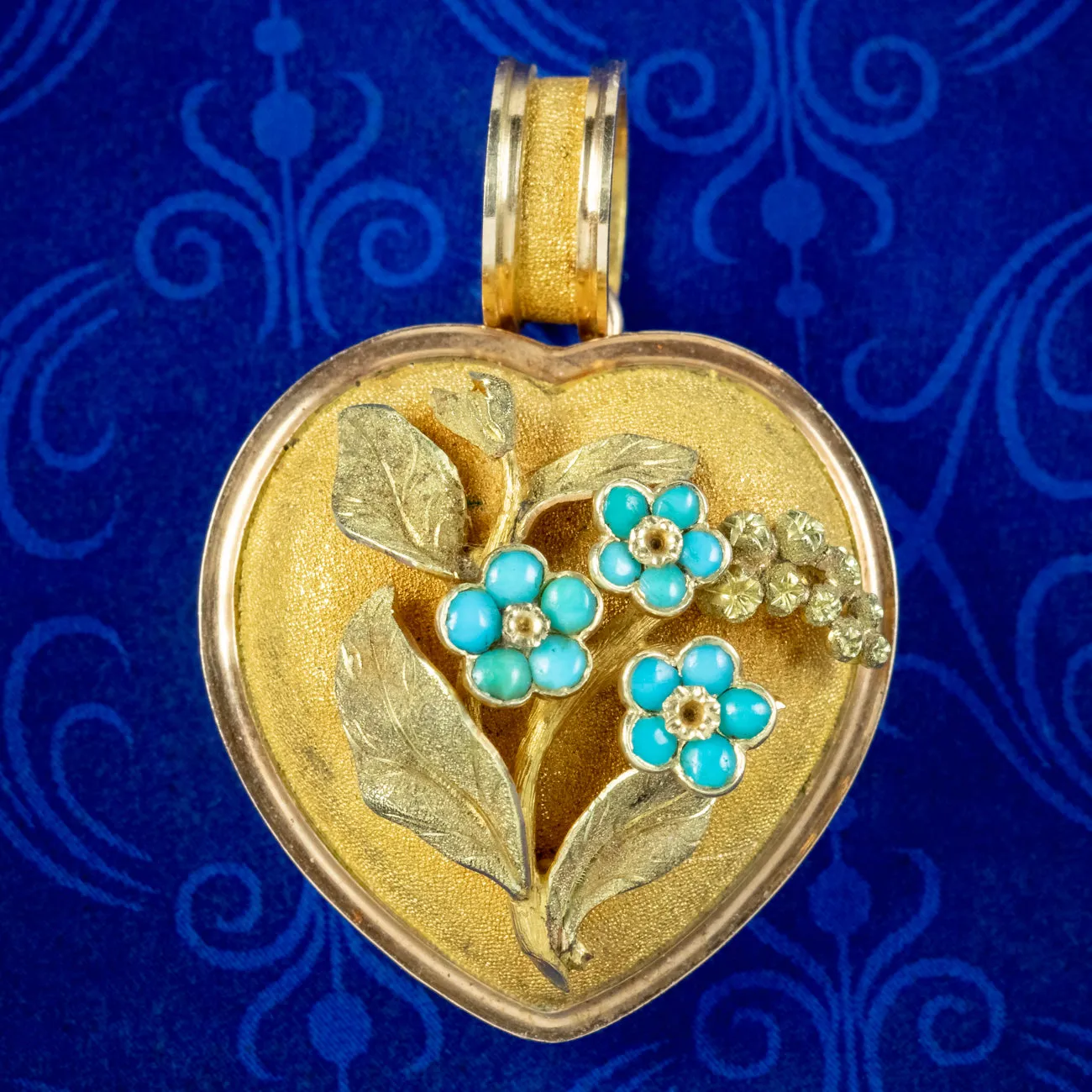 Antique Victorian Mourning Heart Locket Turquoise Forget Me Nots 18ct Gold