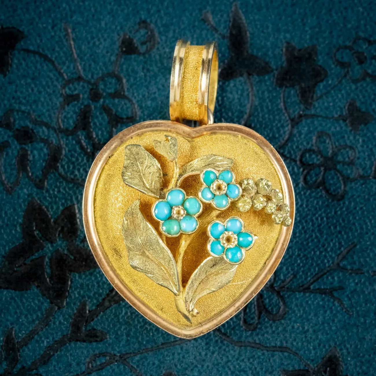 Antique Victorian Mourning Heart Locket Turquoise Forget Me Nots 18ct Gold