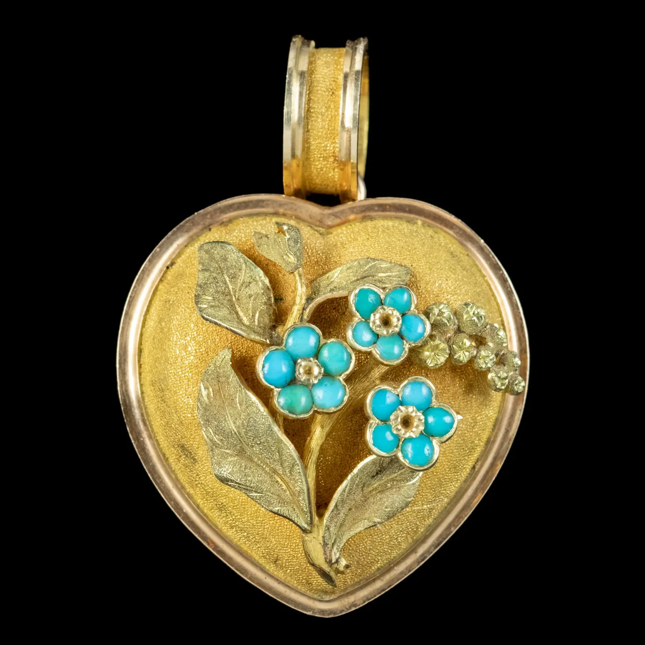 Antique Victorian Mourning Heart Locket Turquoise Forget Me Nots 18ct Gold