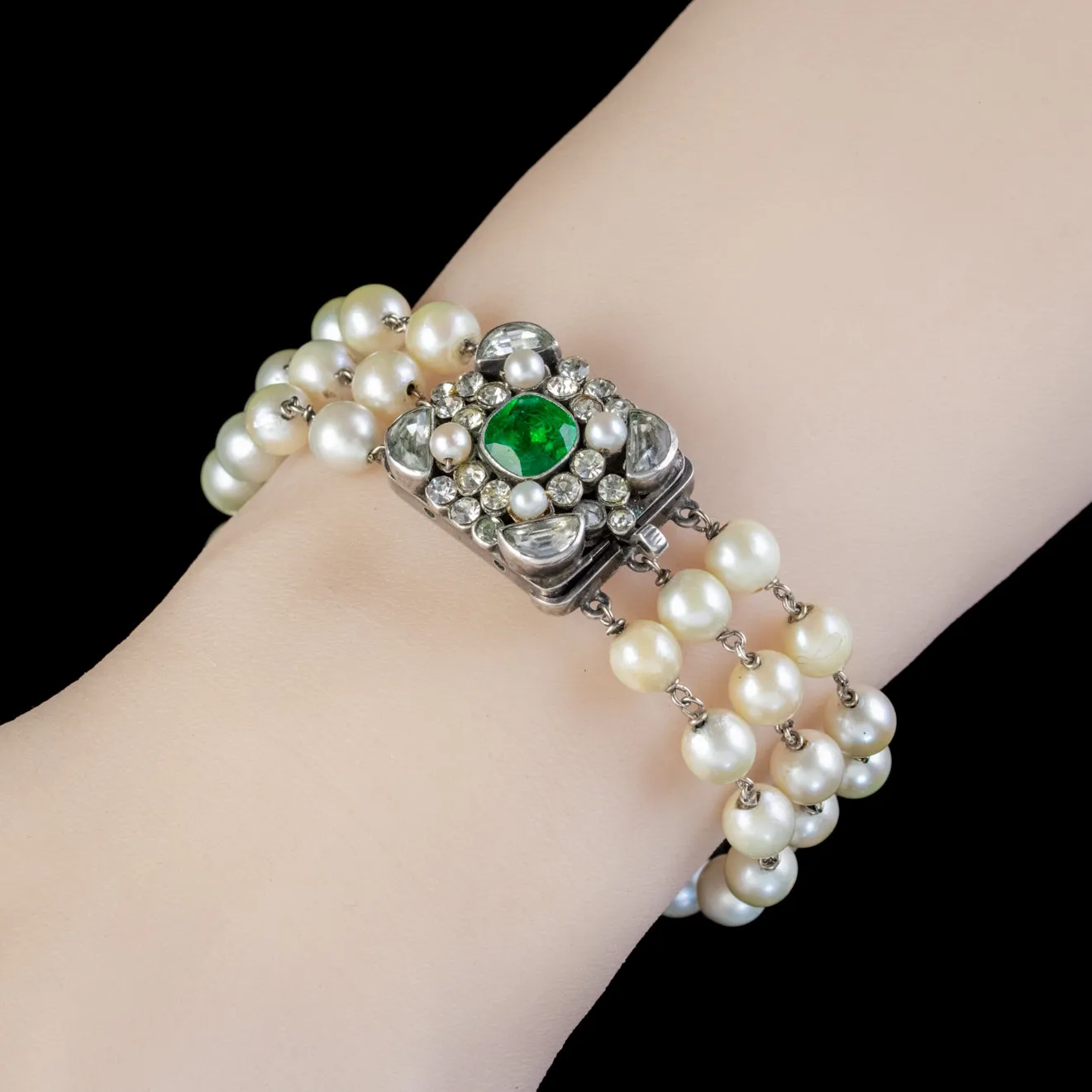 Antique Victorian Pearl Bracelet Green Paste Silver Clasp Austro Hungarian Circa 1890