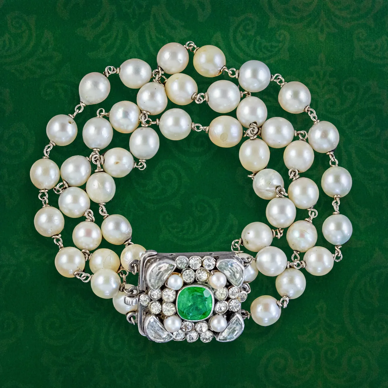 Antique Victorian Pearl Bracelet Green Paste Silver Clasp Austro Hungarian Circa 1890