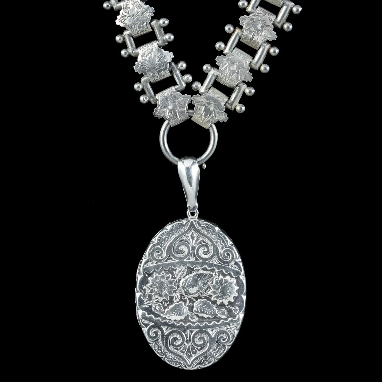 Antique Victorian Silver Floral Locket And Collar Necklace Dated 1884