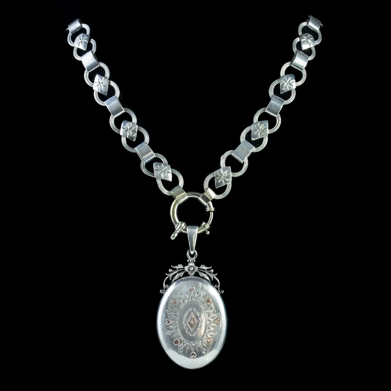 Antique Victorian Silver Locket Collar Necklace Circa 1880