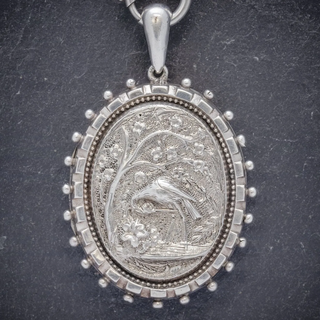 Antique Victorian Stork Locket Collar Sterling Silver Necklace Circa 1900