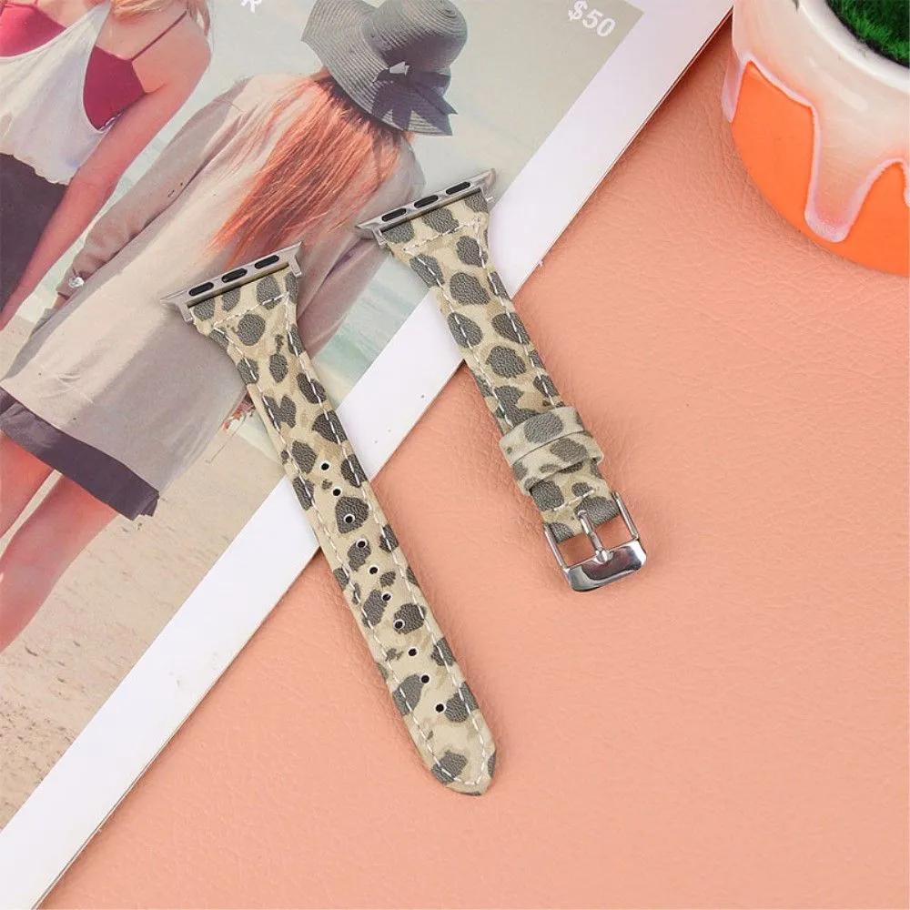 Apple Watch (41mm) leopard pattern cowhide genuine leather watch strap - Army Green Leopard