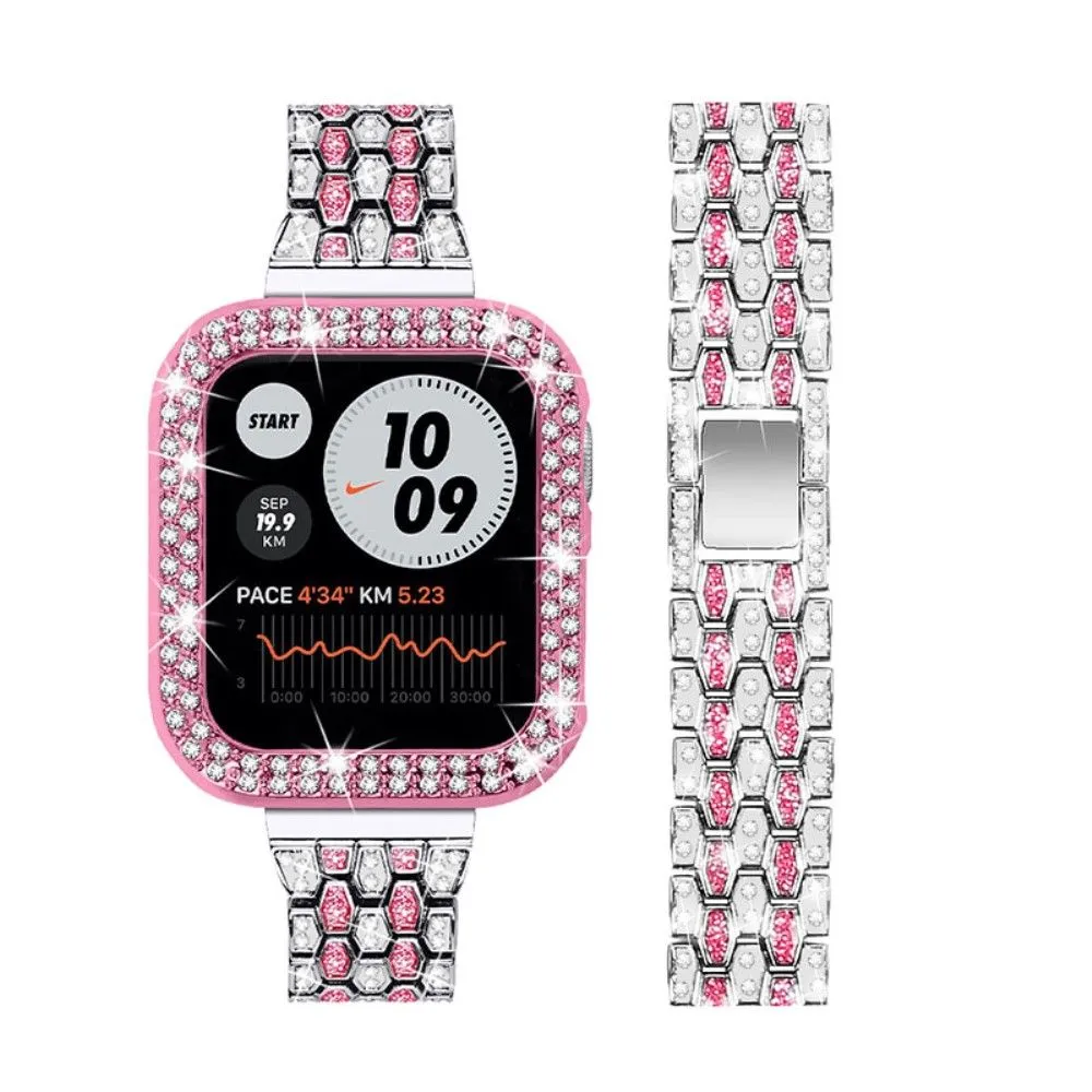 Apple Watch (45mm) five bead shiny rhinestone watch strap - Silver / Rose / Rose Pink