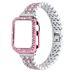 Apple Watch (45mm) five bead shiny rhinestone watch strap - Silver / Rose / Rose Pink