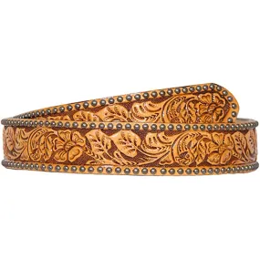 B344 - Natural Leather Floral Tooled Studded Belt