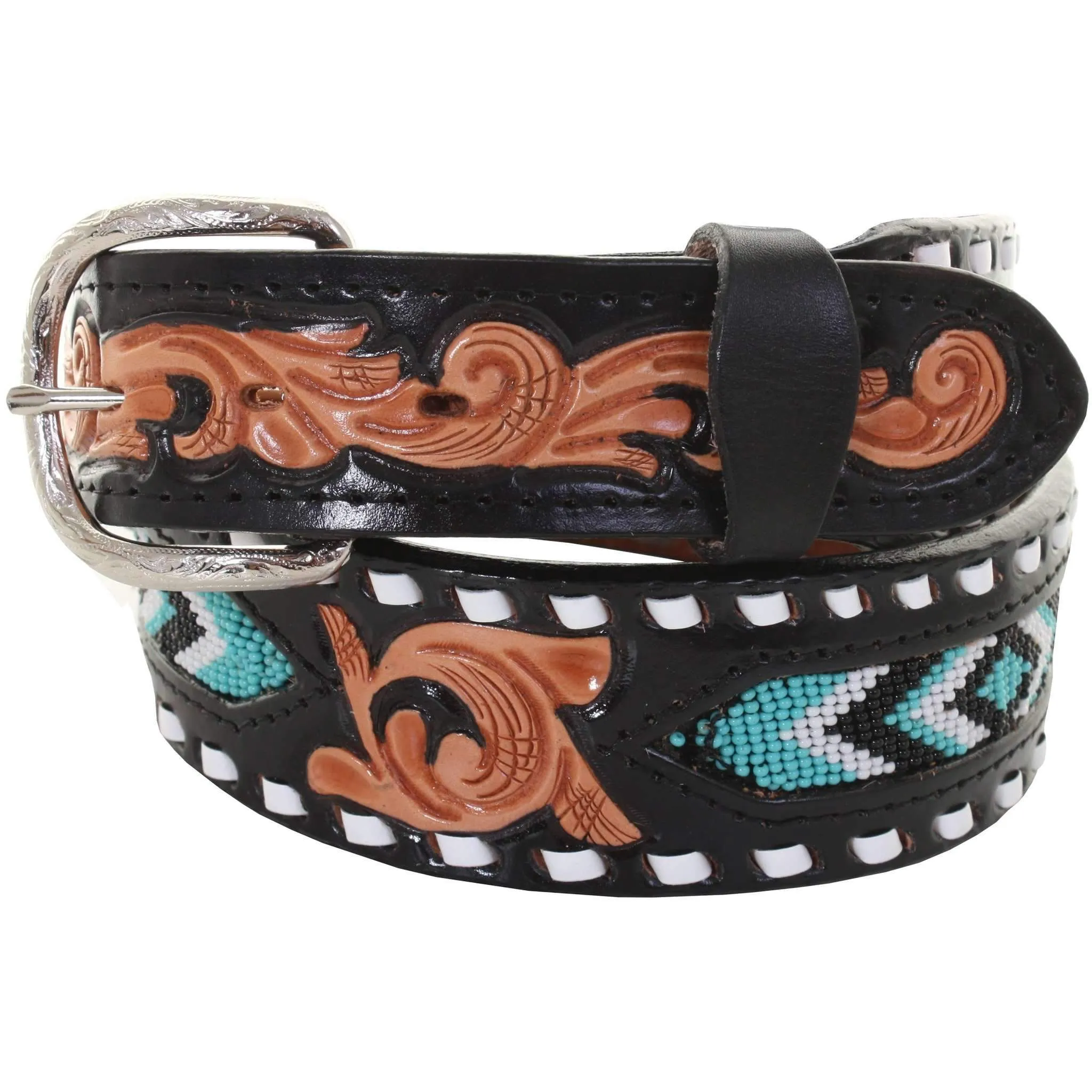 B915 - Black Beaded and Tooled Belt