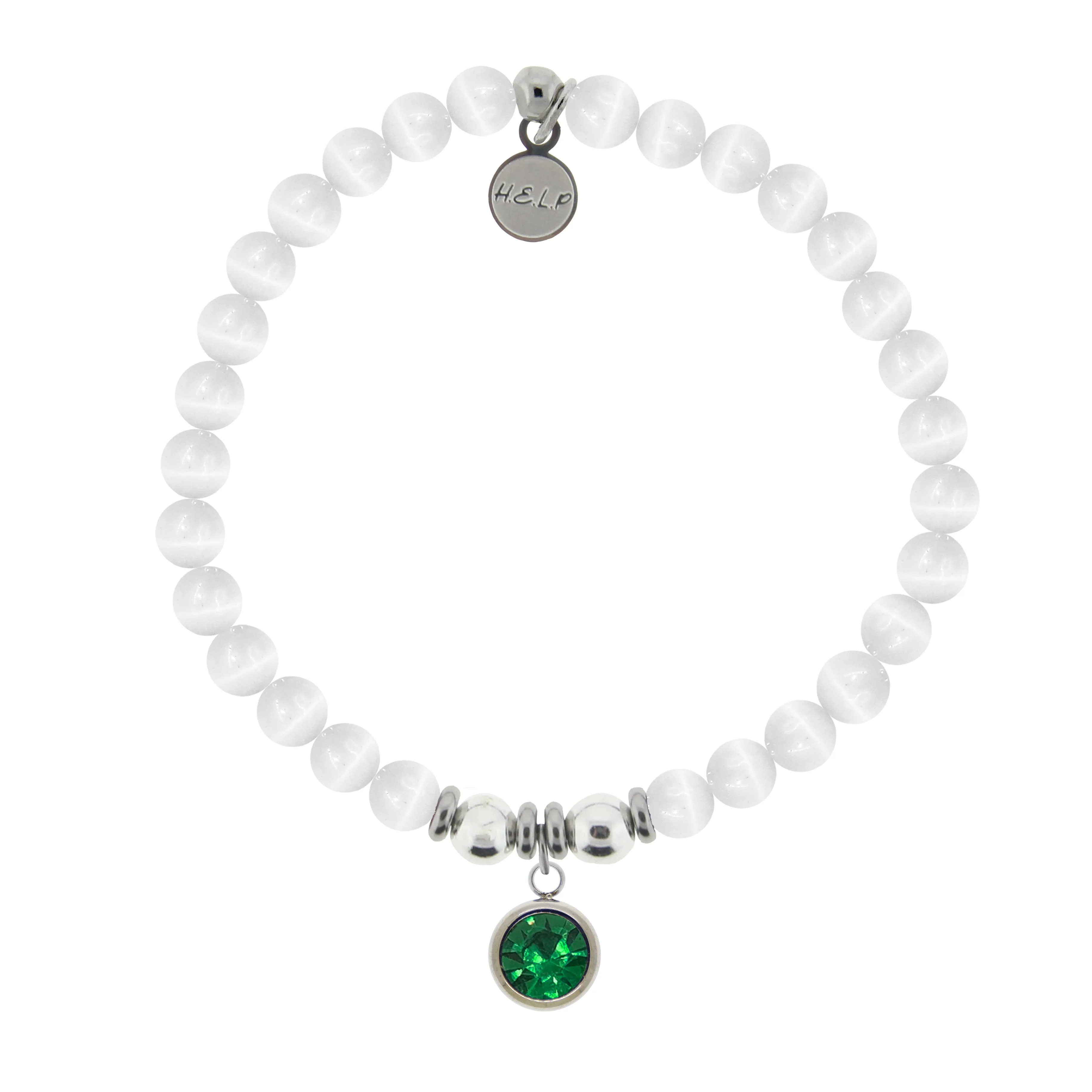 Birthstone Collection - May Emerald Crystal Charm with White Cats Eye Charity Bracelet