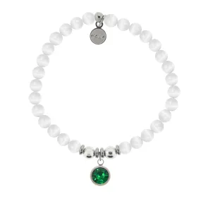 Birthstone Collection - May Emerald Crystal Charm with White Cats Eye Charity Bracelet