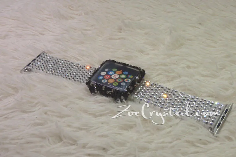 Bling Apple Watch Black Mixed Grey Crystal Case/Protector/Cover with a Silver White Swarovski iWatch Band/Strap