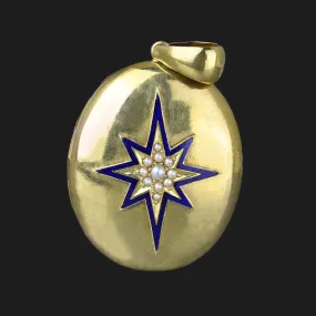 Blue Enamel Starburst Pearl Antique 14K Gold Locket