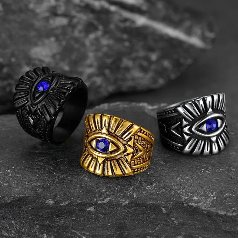 Blue Sapphire All Seeing Eye Stainless Steel Ring