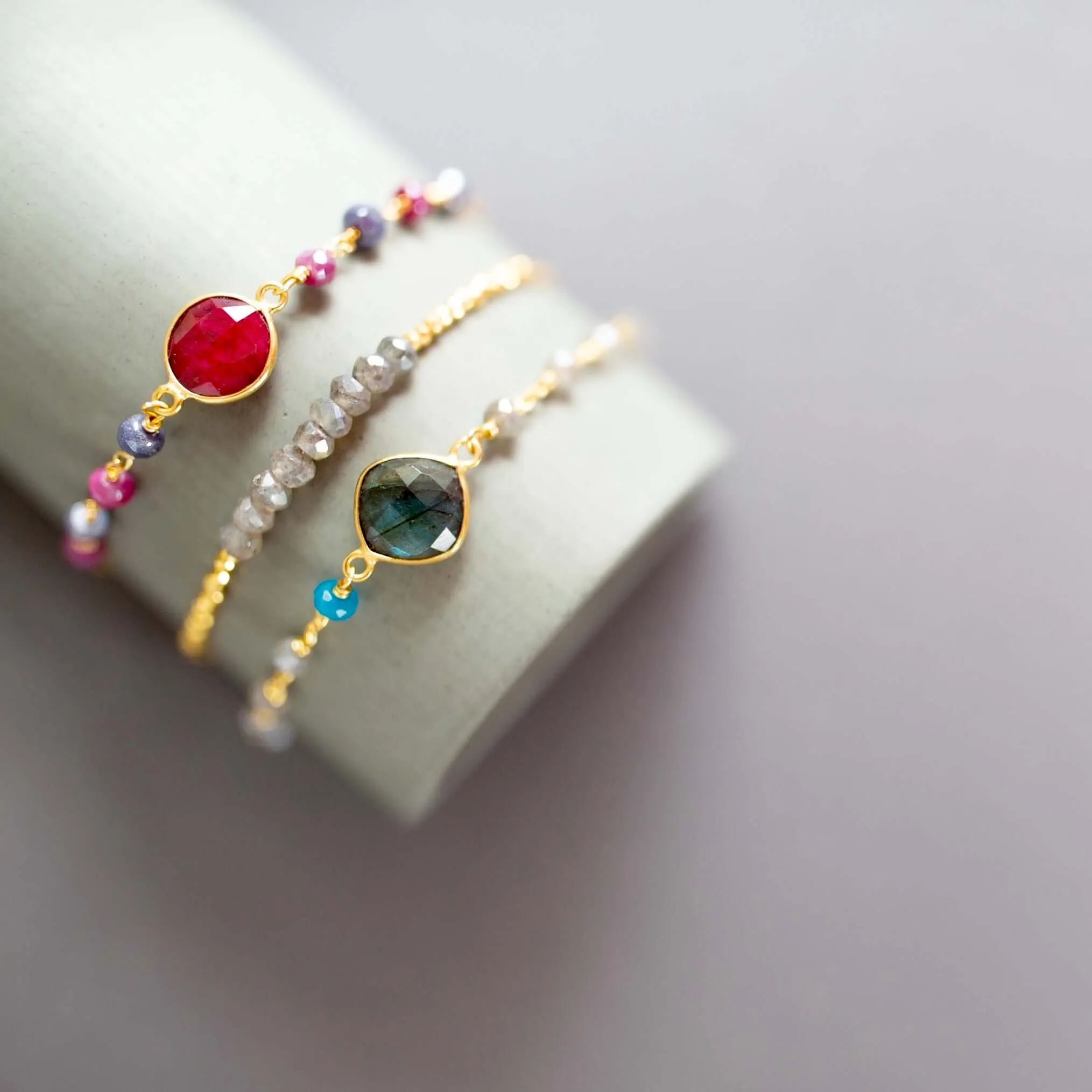 Bracelet Stacking Set: Ruby Red Sapphire Quartz and Labradorite