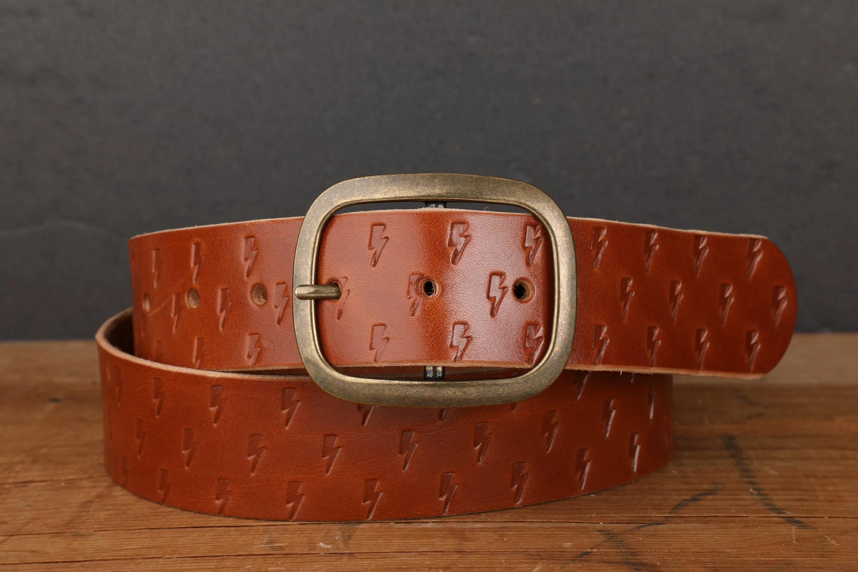 Brown Leather Belt Embossed with Lightning Bolts and Antique Brass Buckle