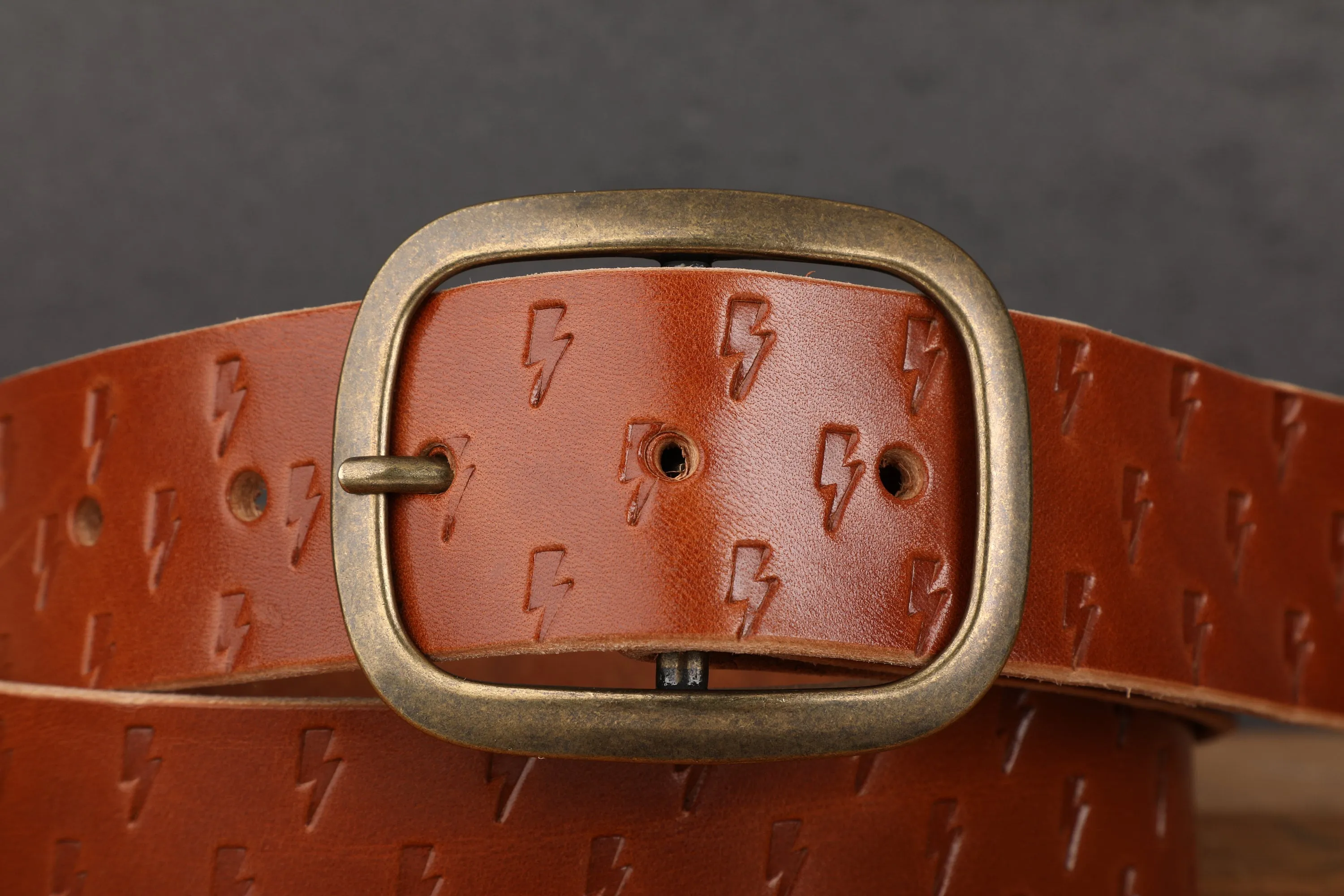 Brown Leather Belt Embossed with Lightning Bolts and Antique Brass Buckle