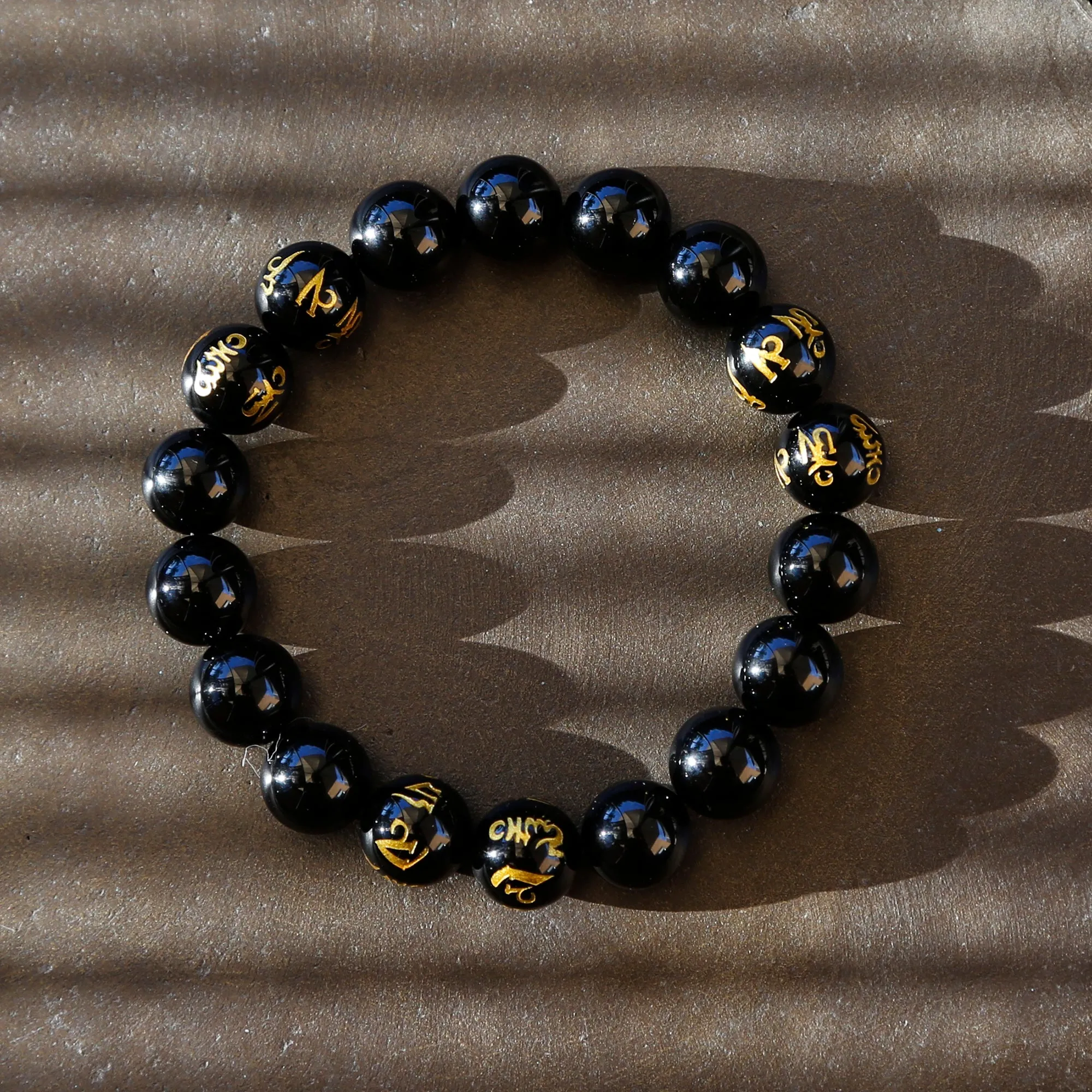 Buddhist Prayers Black Onyx Mens Beaded Bracelet, Tibetan Buddhism Prayers Mala Bracelet (Q)