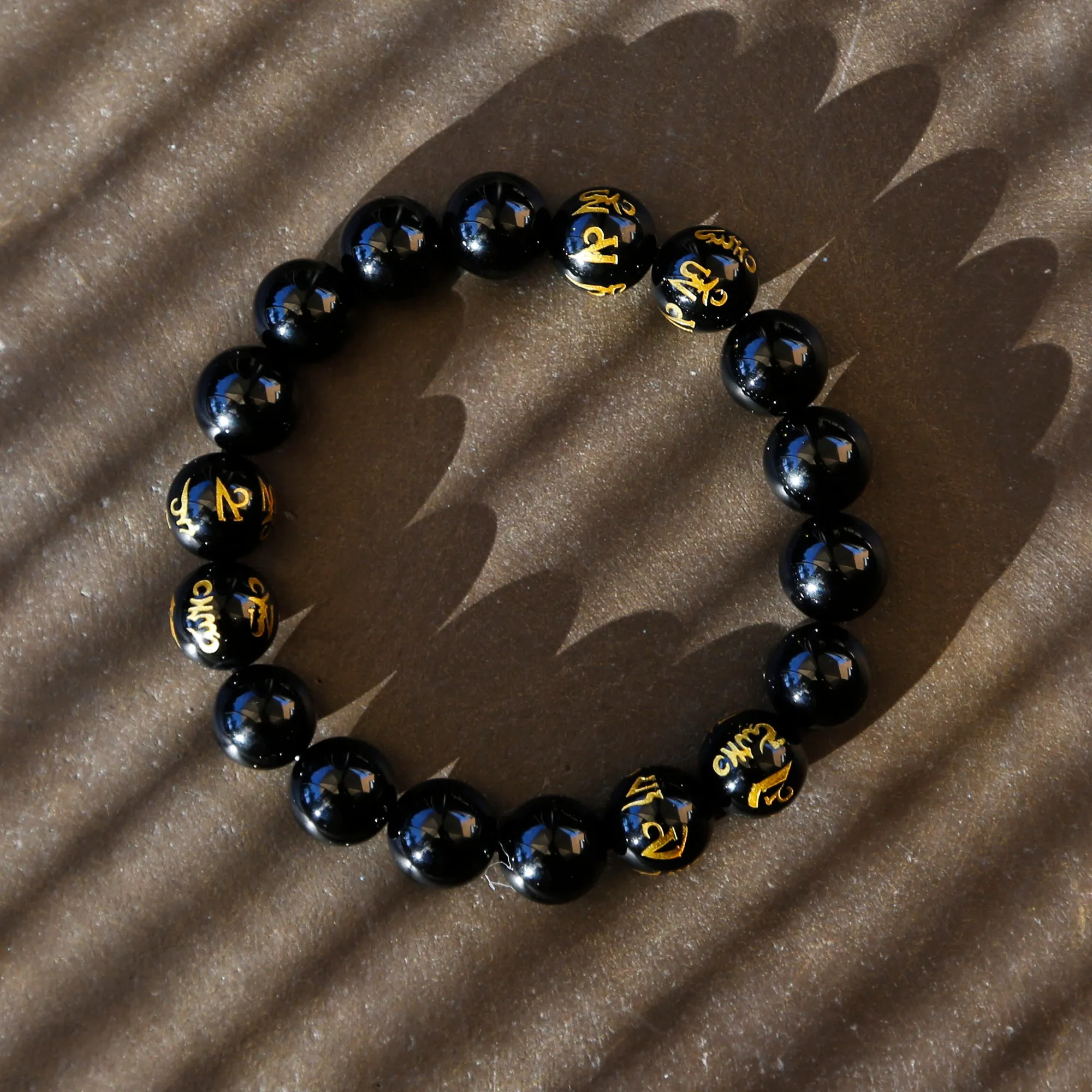 Buddhist Prayers Black Onyx Mens Beaded Bracelet, Tibetan Buddhism Prayers Mala Bracelet (Q)