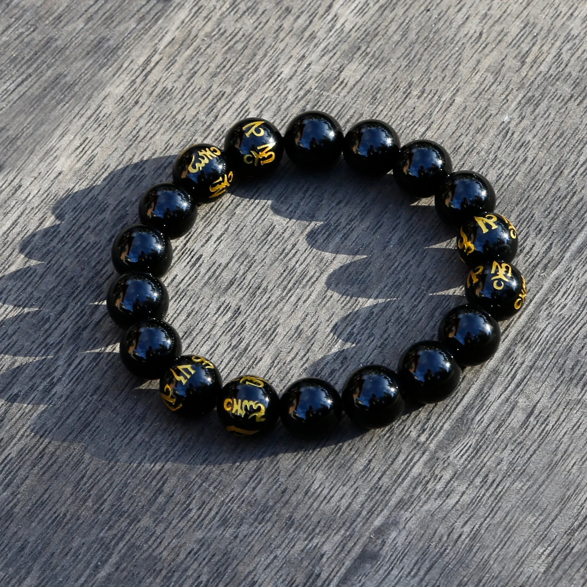 Buddhist Prayers Black Onyx Mens Beaded Bracelet, Tibetan Buddhism Prayers Mala Bracelet (Q)