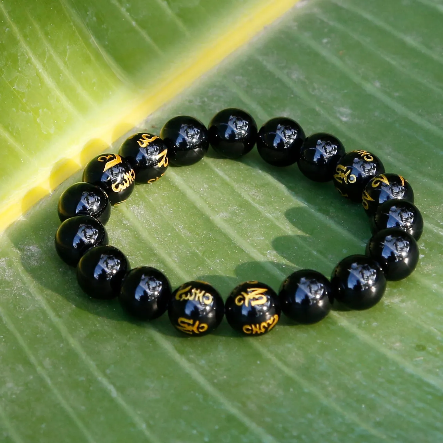 Buddhist Prayers Black Onyx Mens Beaded Bracelet, Tibetan Buddhism Prayers Mala Bracelet (Q)