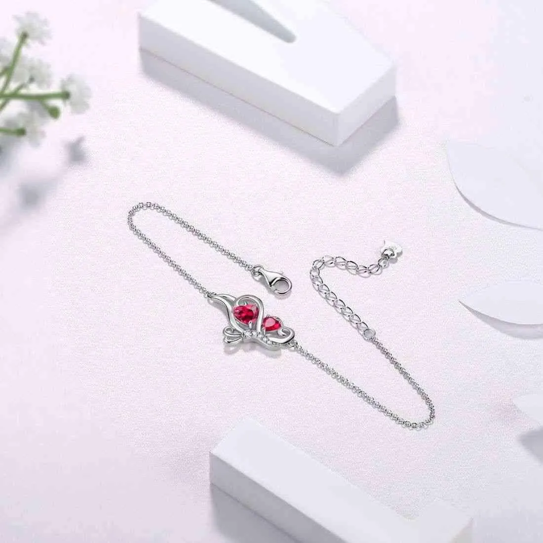 Butterfly Birthstone July Ruby Bracelet Women Girls Jewelry Birthday Gift 925 Sterling Silver