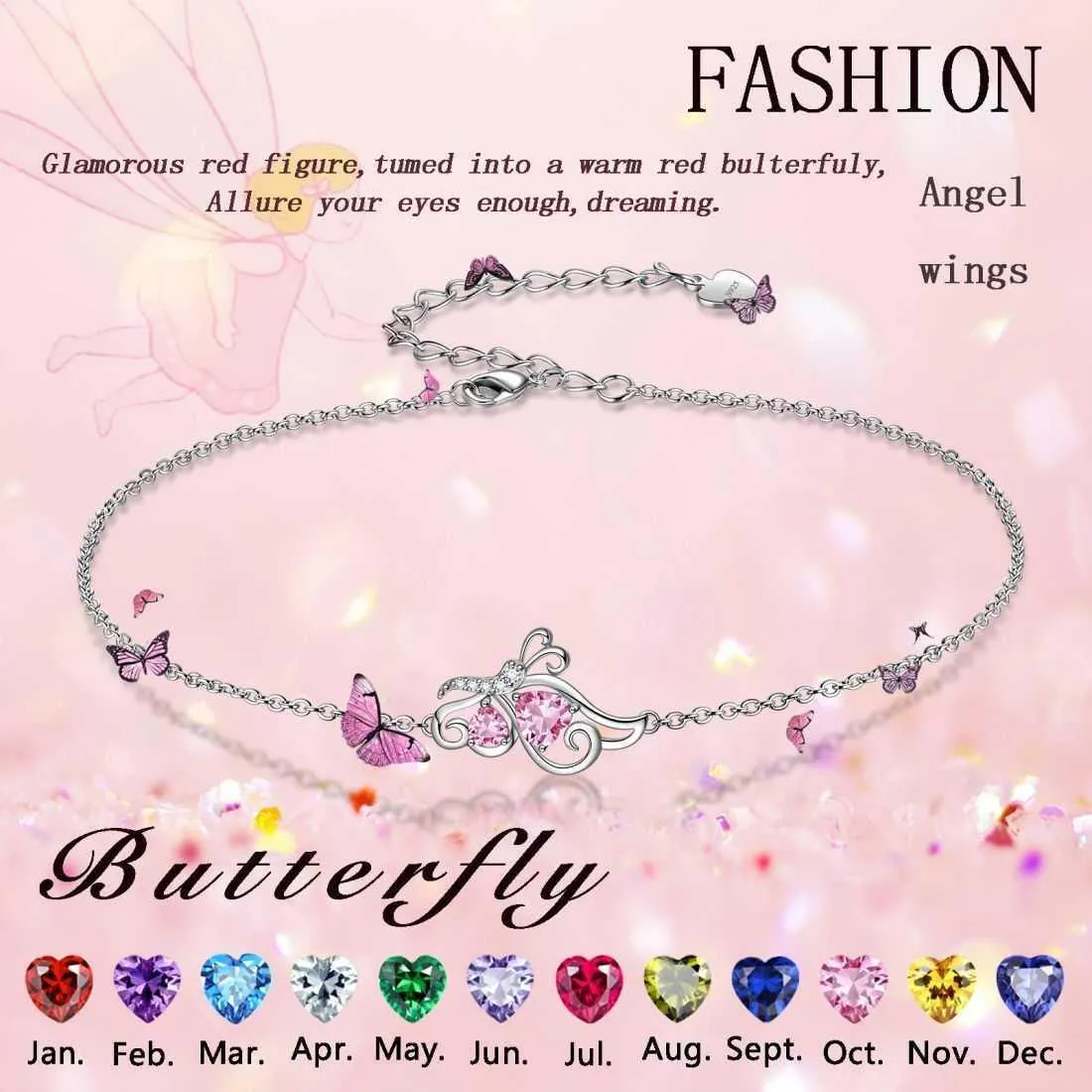 Butterfly Birthstone July Ruby Bracelet Women Girls Jewelry Birthday Gift 925 Sterling Silver