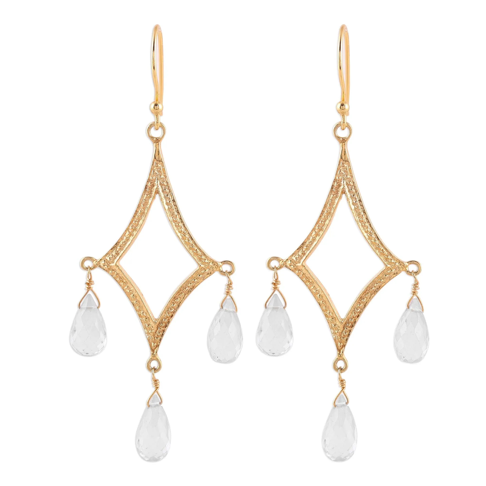 Cascading Drops Crystal Quartz 22k Gold Plated Sterling Silver Earrings